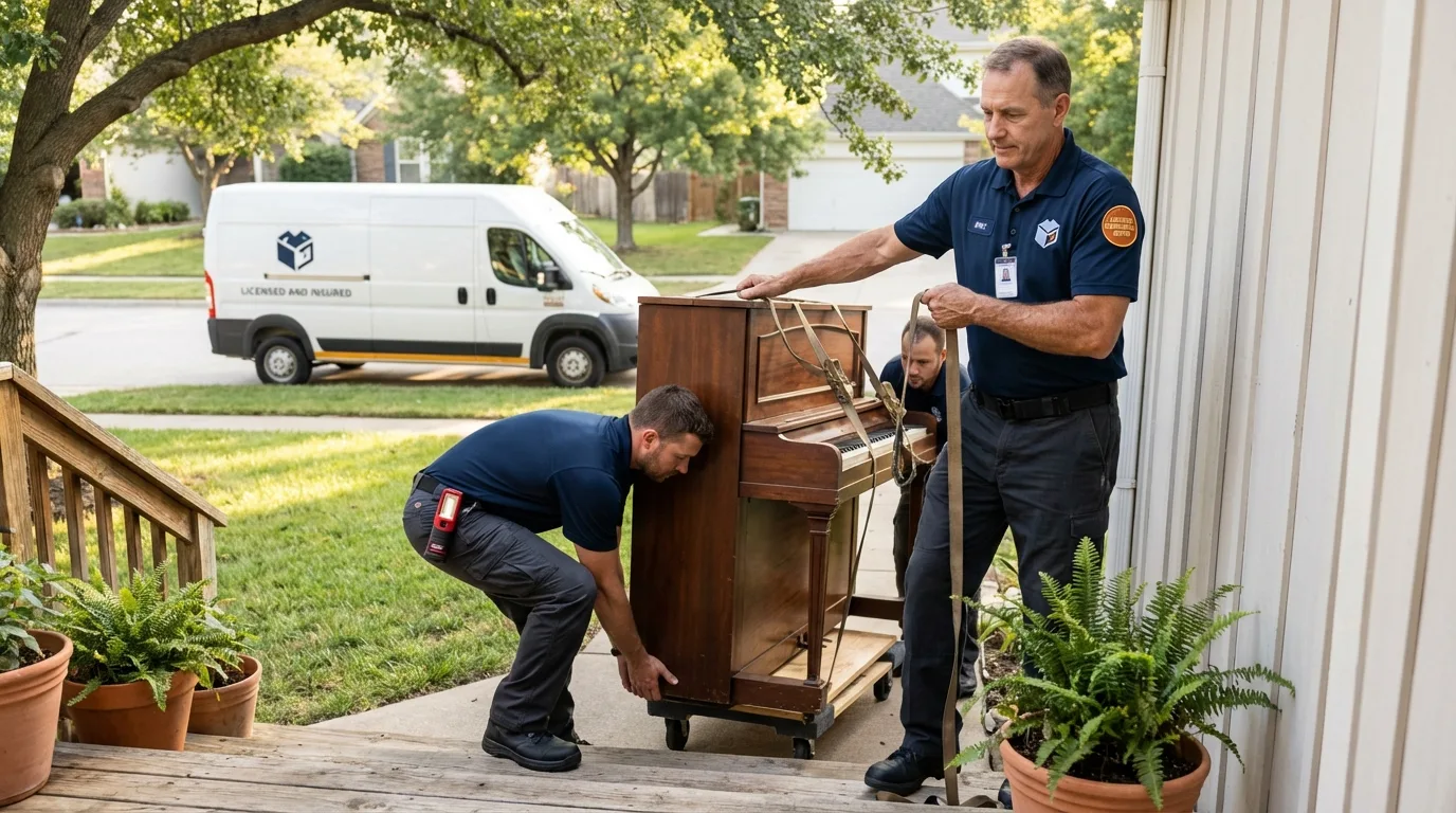 Licensed piano movers securing grand piano in Cavalier, ND