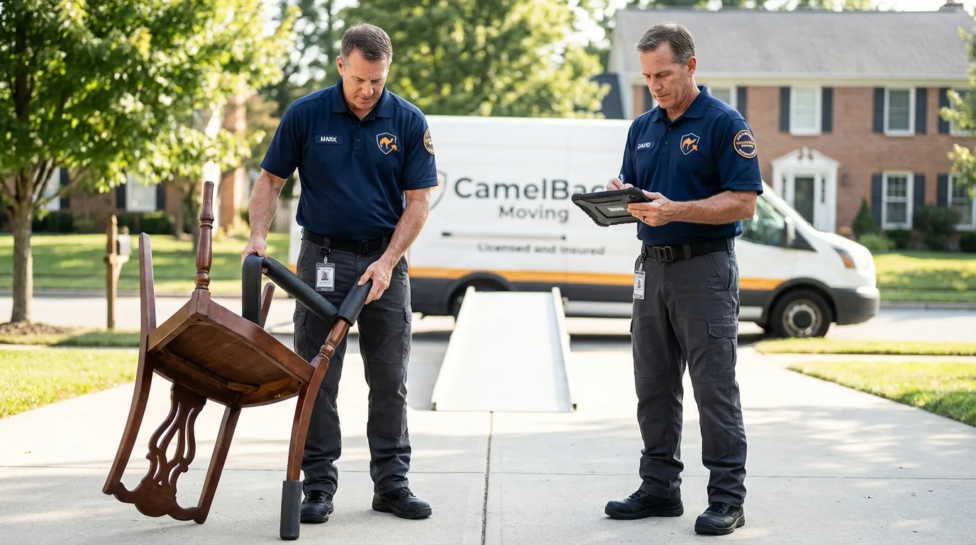 Movers inspecting furniture for damage prevention before loading in Cavalier, ND