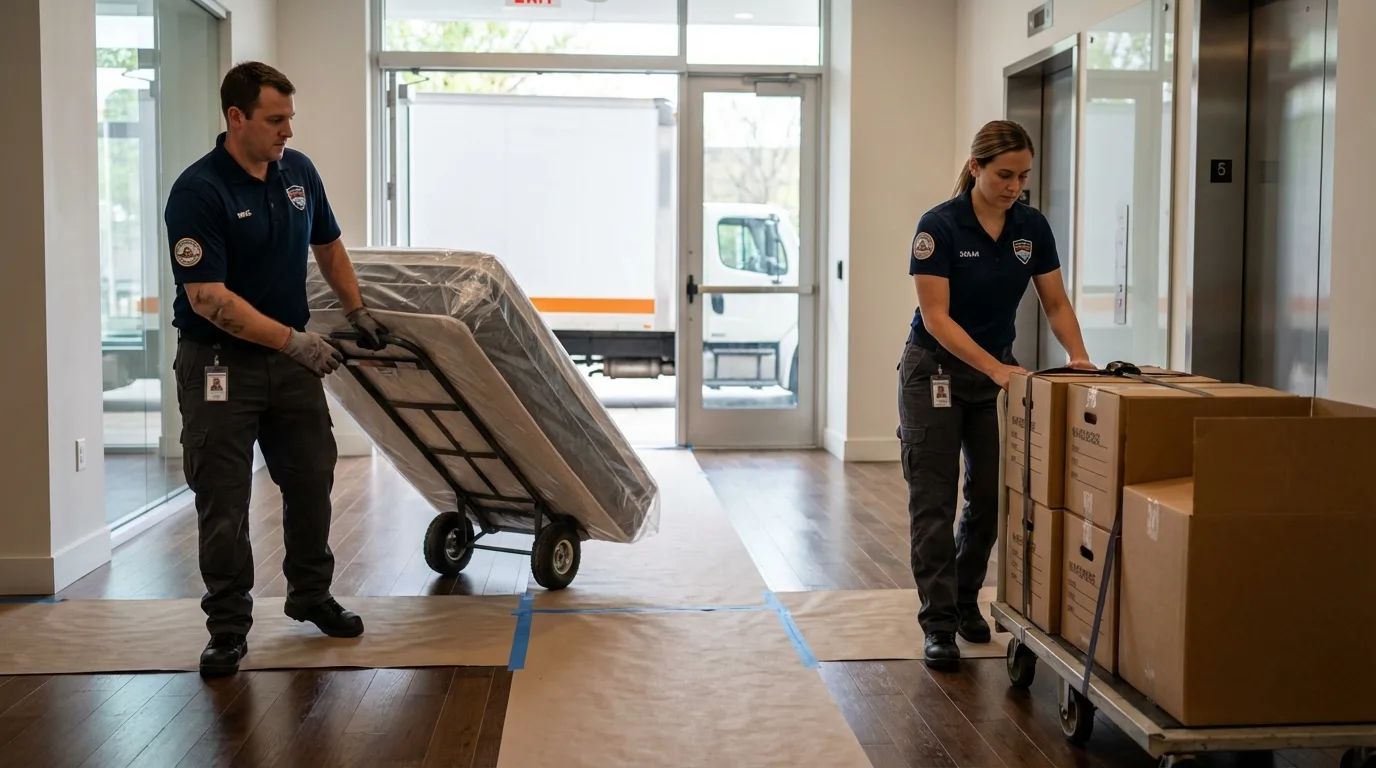 Professional apartment movers loading elevator in Cavalier, ND